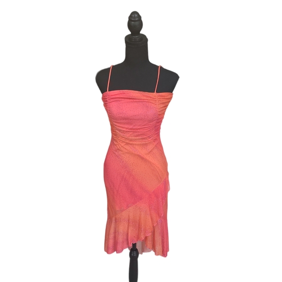 EUC Vintage Taboo women's hot orange pink sparkling fishtail midi dress S - Picture 3 of 16